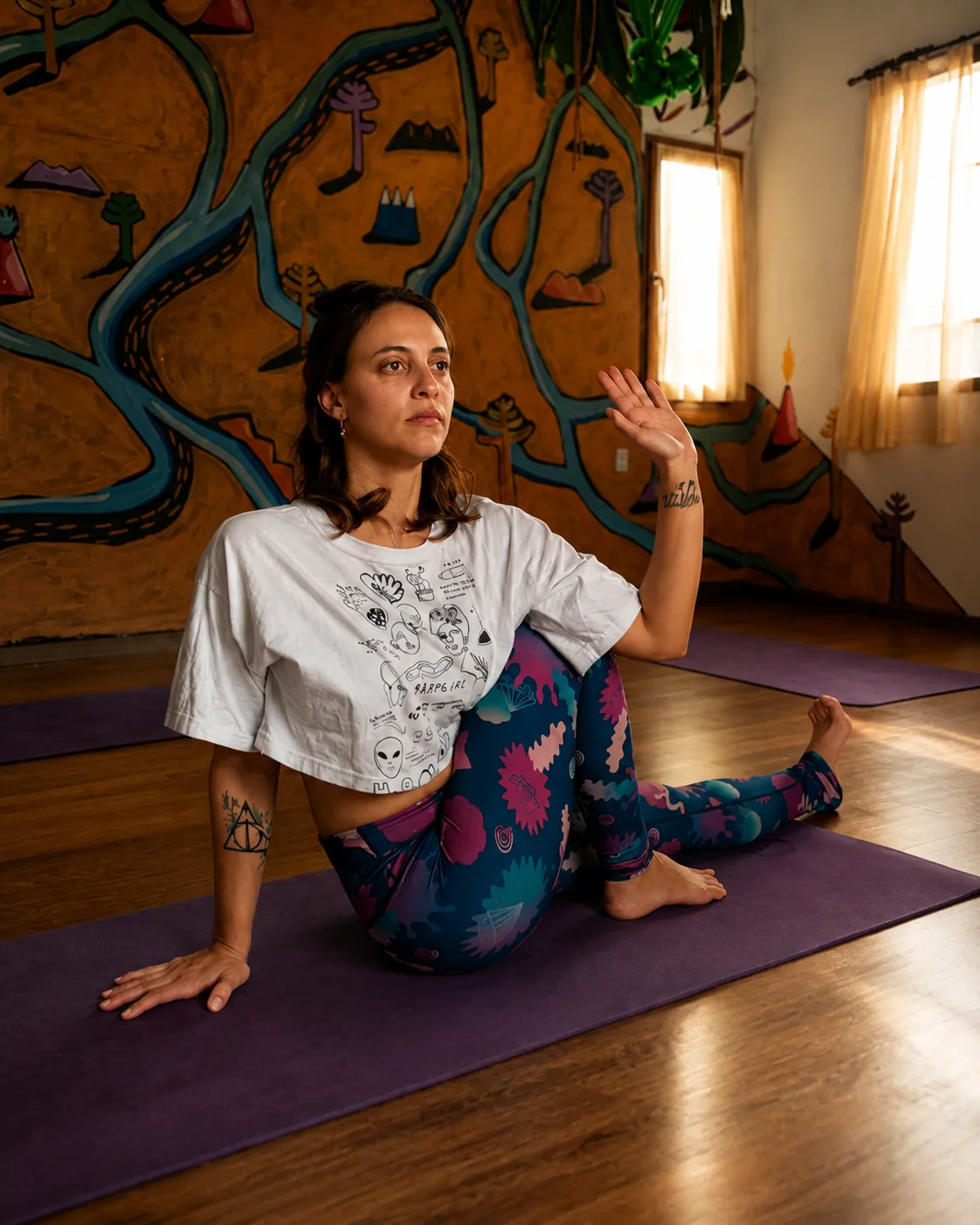 Alumna en postura de yoga sobre el mat, frente al mural del espacio Vuelo